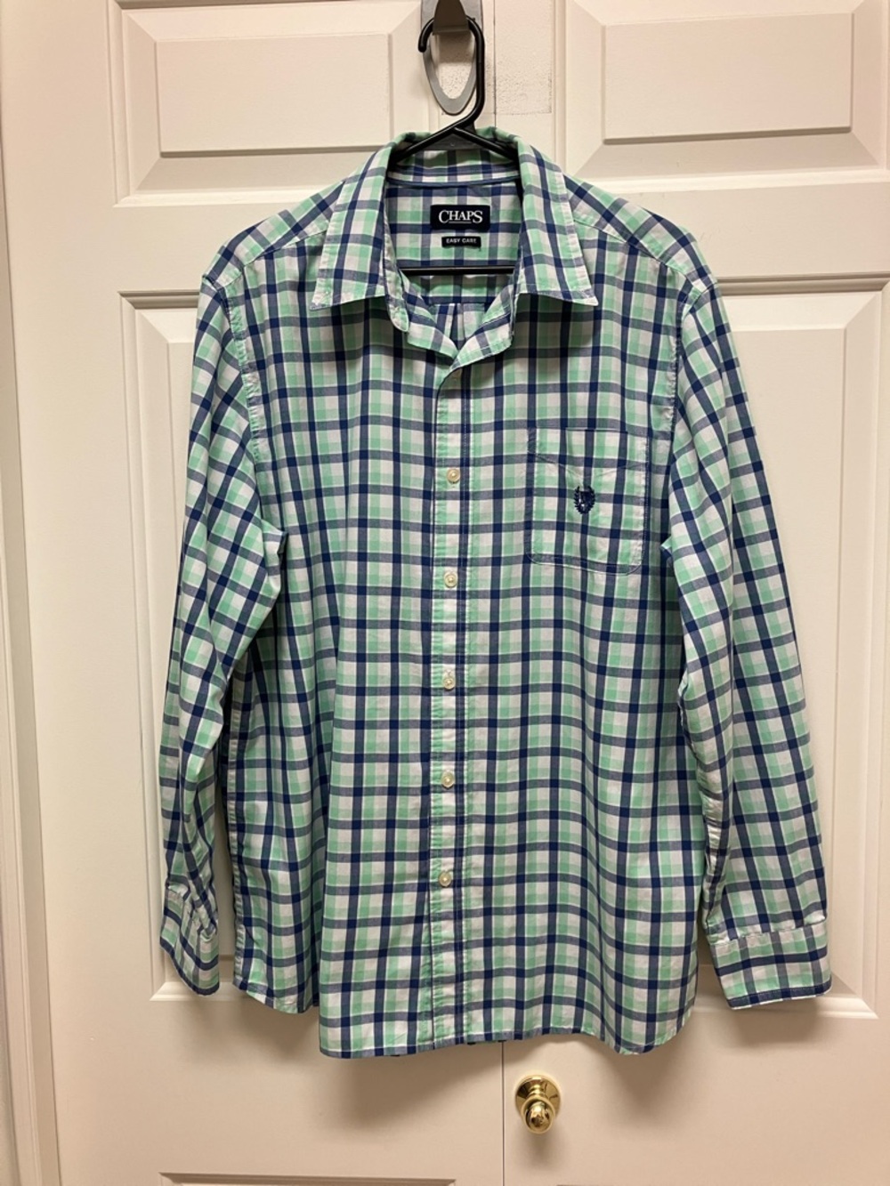 Chaps button down oxford long sleeve collared shirt blue/green/white checkered L